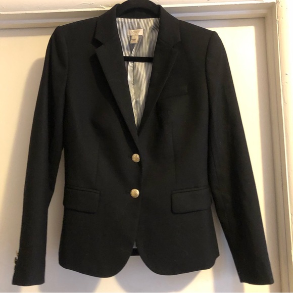 ❤️J. Crew Black Wool Blend Blazer Jacket Metal Buttons Size 0 - Picture 1 of 6